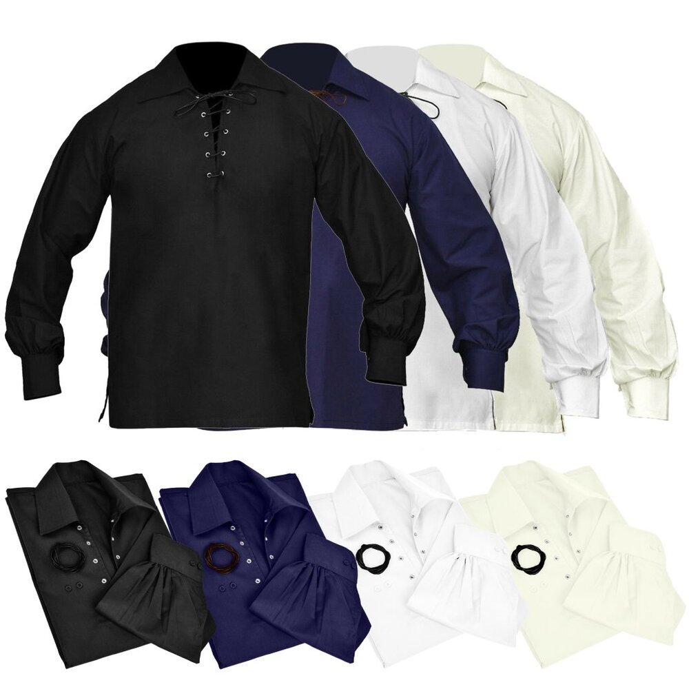 Lace up Cotton Shirt With Long Loose Sleeves Breathable Men Shirt